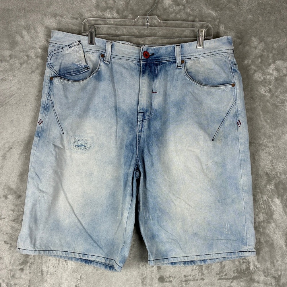 Akoo Mens‎ Light Wash Denim Shorts Distressed Acid Wash Streetwear Size 38